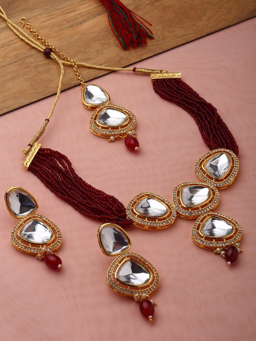 

PANASH Gold-Plated Cubic Zirconia Studded & Beaded Jewellery Set