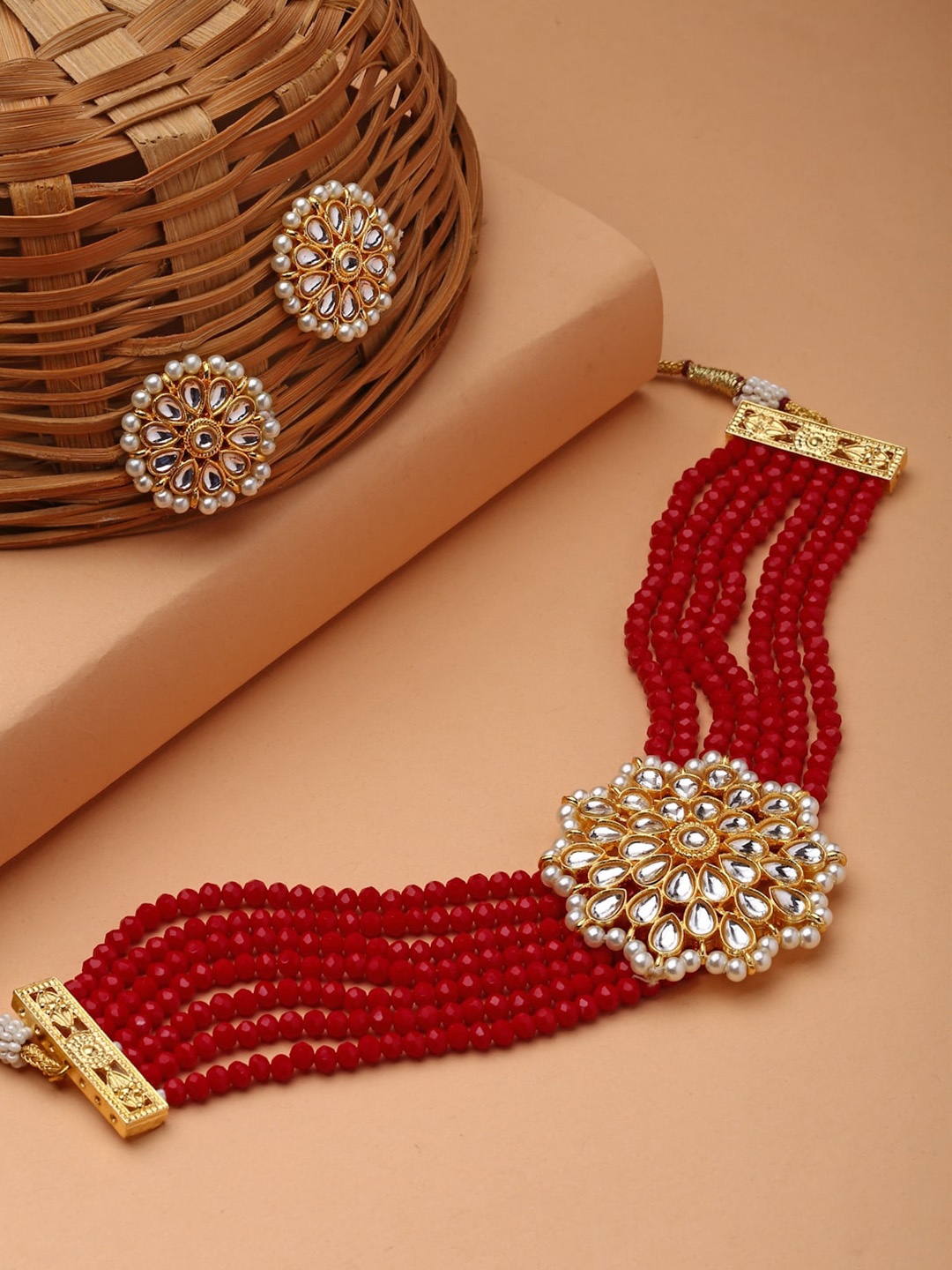 

PANASH Gold-Plated Kundan-Studded & Beaded Jewellery Set