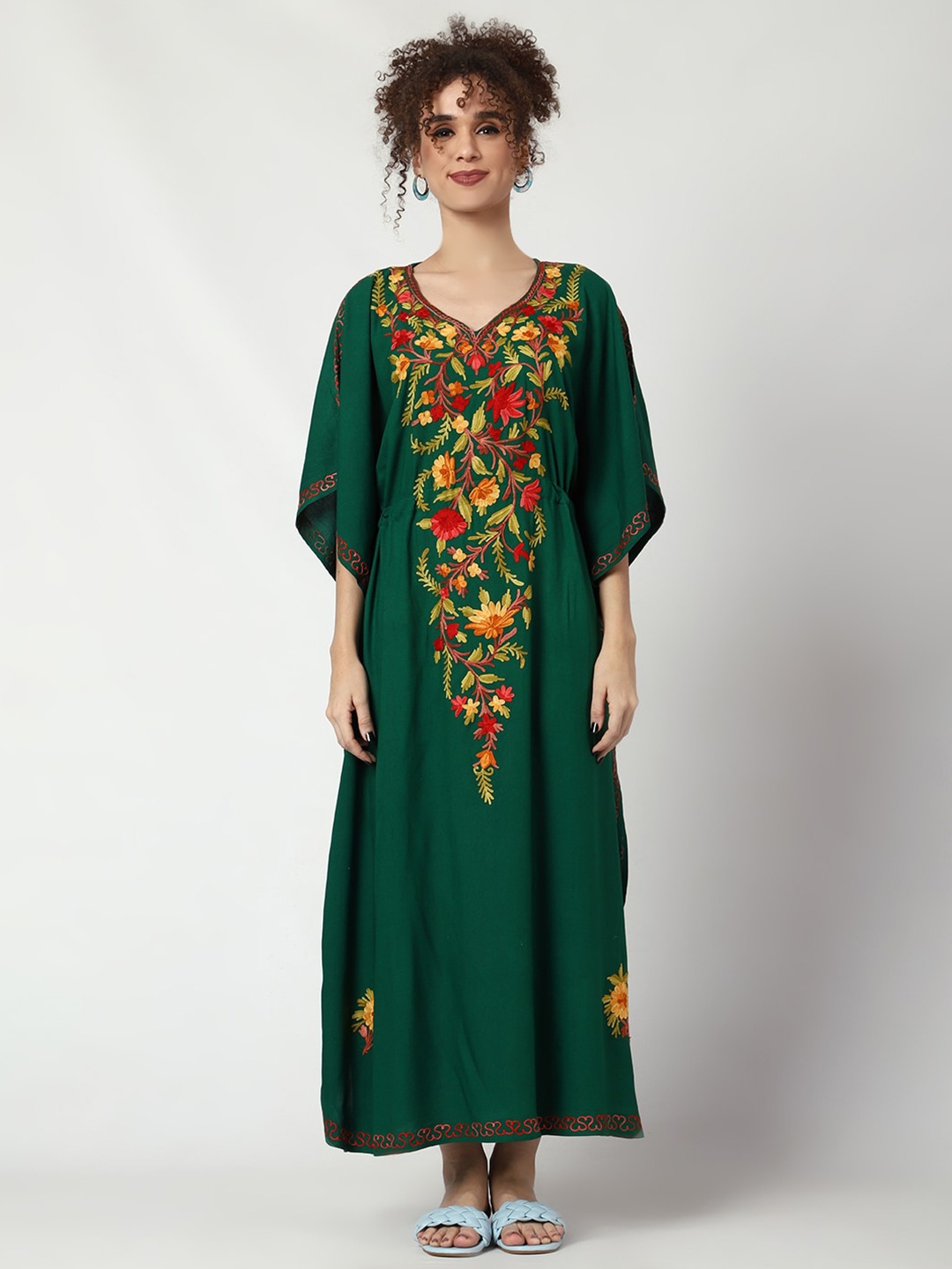 

CRAFTBAZAR Floral Embroidered Kaftan Maxi Dress, Green