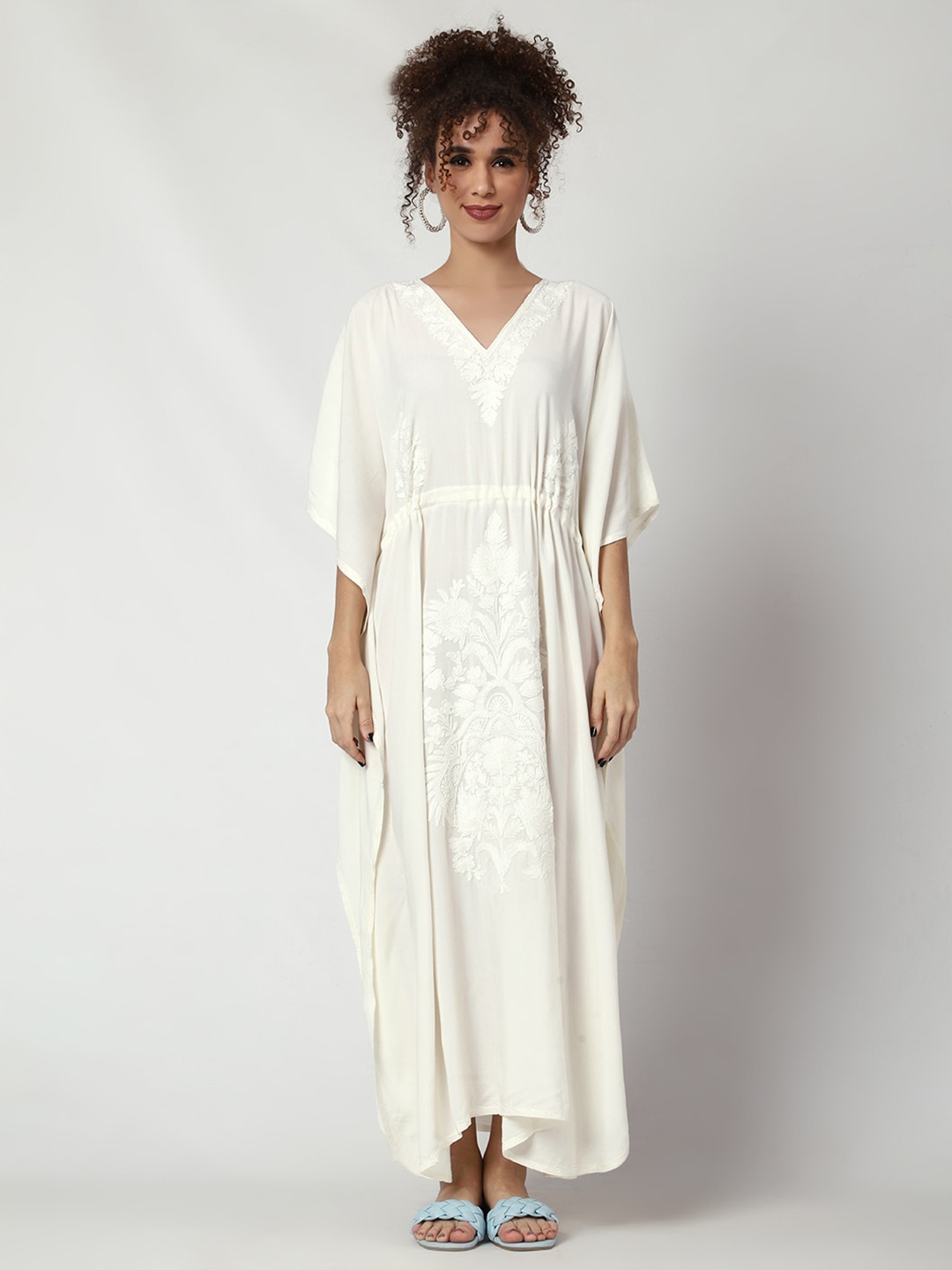

CRAFTBAZAR Floral Embroidered Kaftan Maxi Dress, White