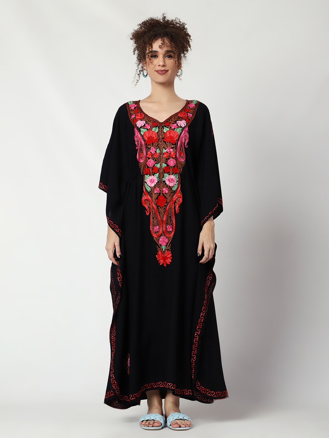 

CRAFTBAZAR Floral Embroidered Kaftan Maxi Dress, Black