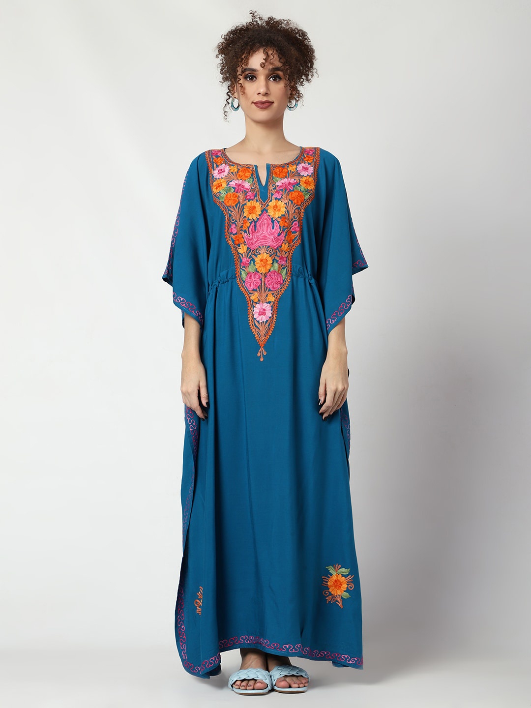 

CRAFTBAZAR Floral Embroidered Kaftan Maxi Dress, Blue