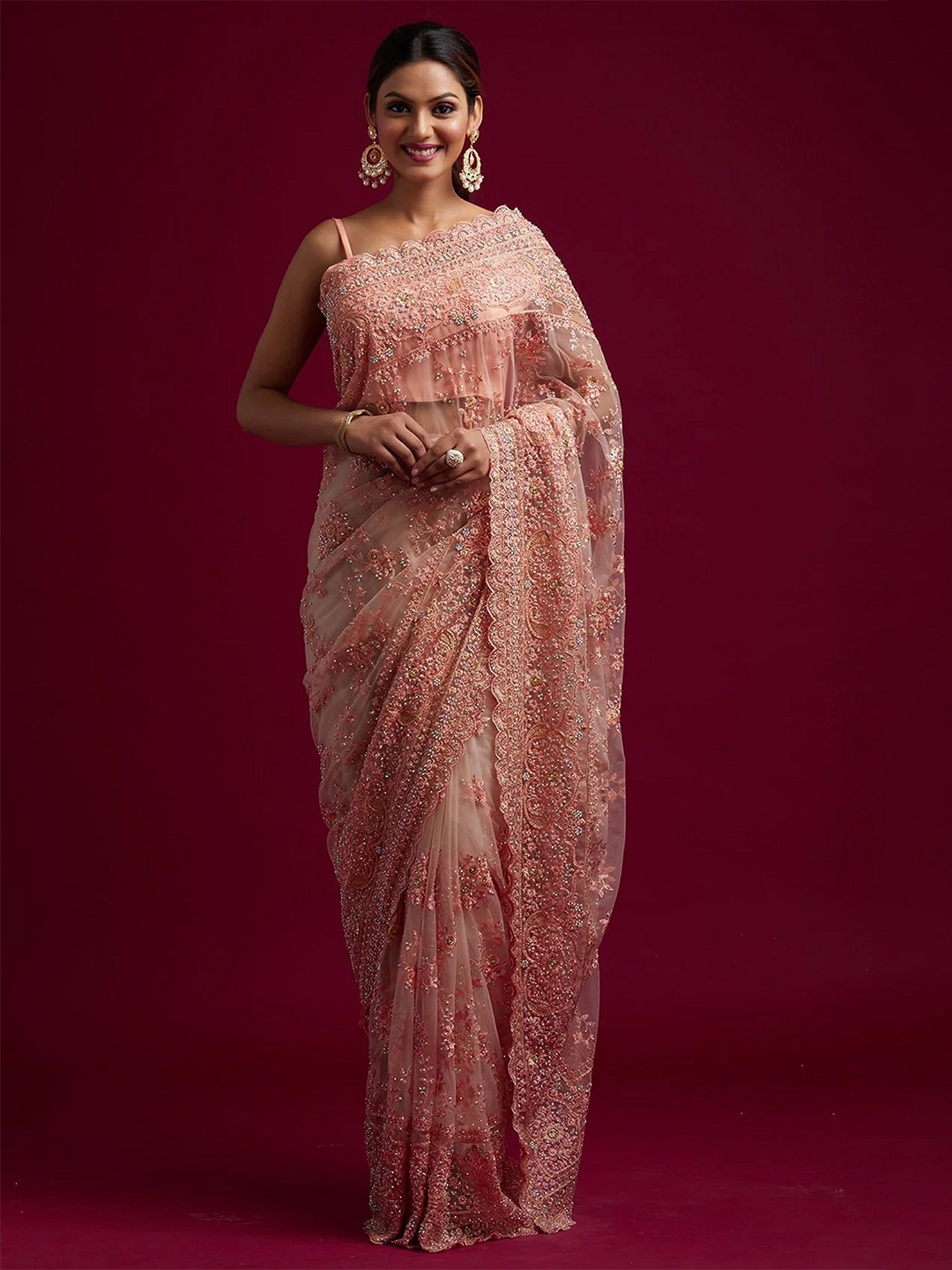 

Trendmalls Floral Embroidered Net Saree, Peach