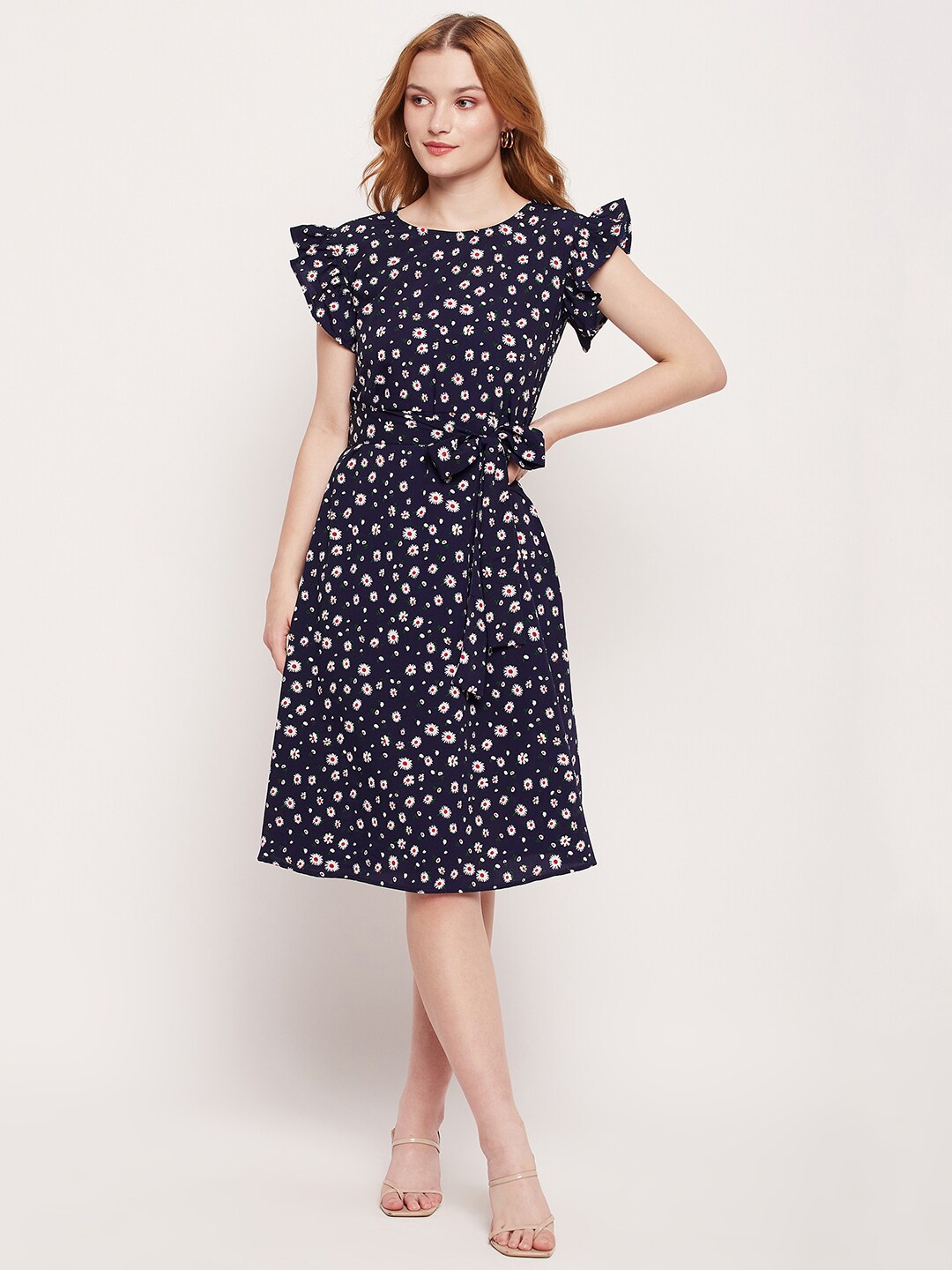 

Fashfun Floral Printed Flutter Sleeve Tie-Ups Crepe Fit & Flare Dress, Blue