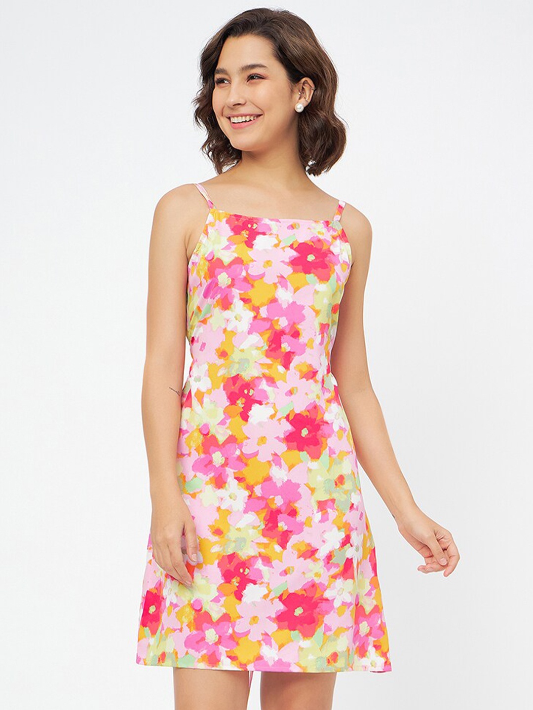 

Fashfun Floral Printed Shoulder straps Tie-Ups Crepe A-Line Dress, White