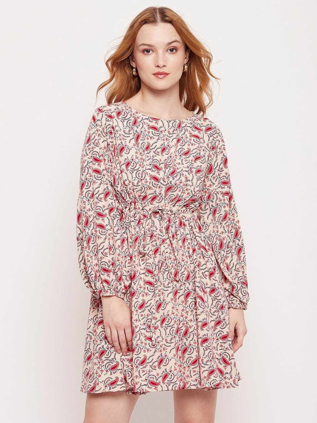 

Fashfun Ethnic Motifs Printed Puff Sleeve Crepe Fit & Flare Dress, Peach