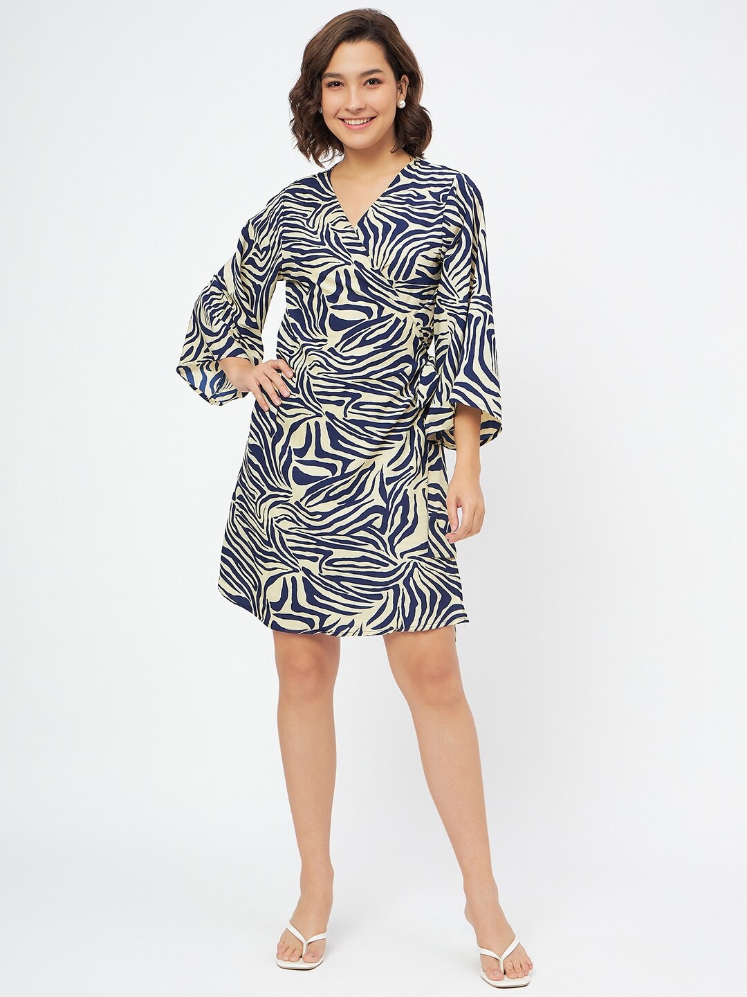 

Fashfun Abstract Printed Flared Sleeves Tie-Ups detail Asymmetric Hem Crepe Wrap Dress, Blue