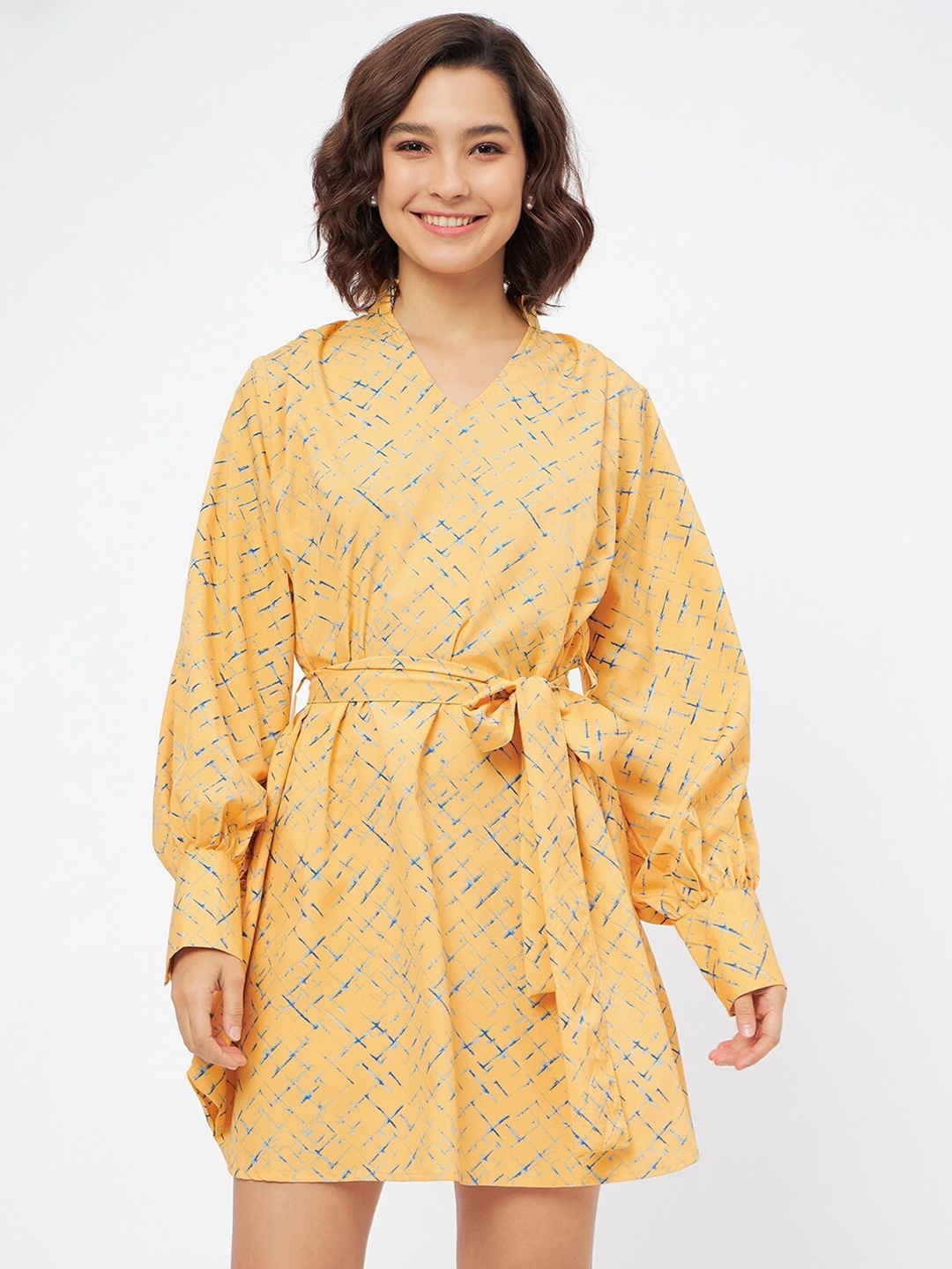 

Fashfun Abstract Printed Cuffed Sleeves Crepe Fit & Flare Dress, Yellow