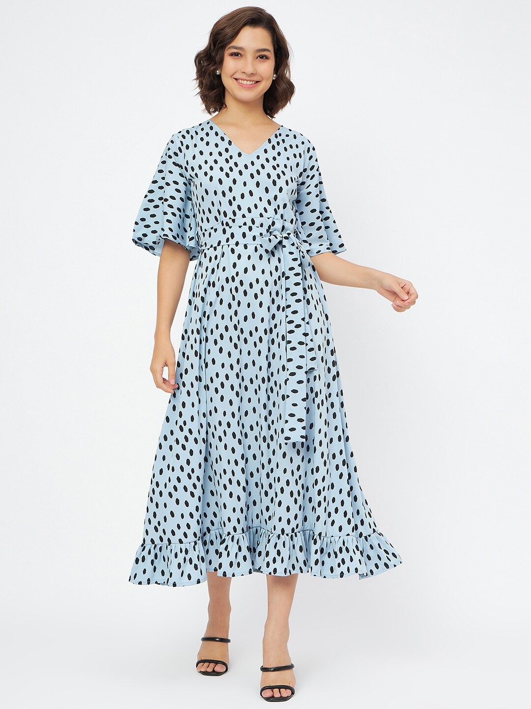 

Fashfun Polka Dot Printed Flared Sleeves Tie-Ups Crepe Fit & Flare Midi Dress, Blue