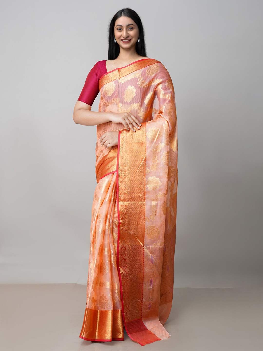 

Unnati Silks Orange & Red Woven Design Zari Pure Cotton Banarasi Kota Saree