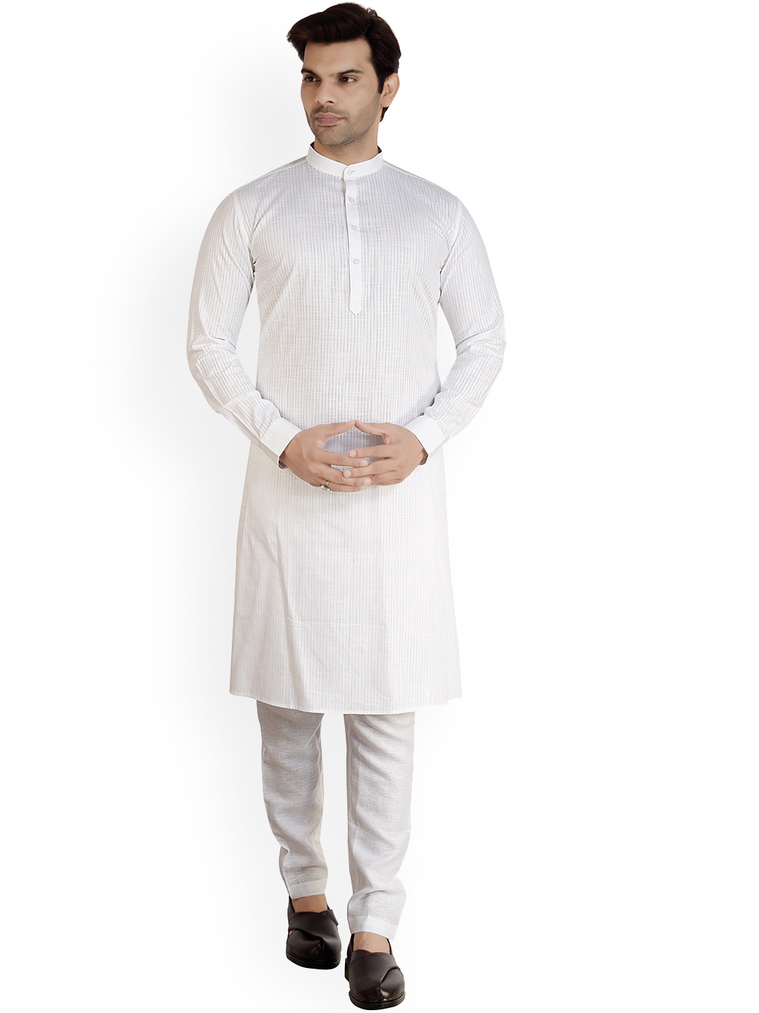 

ARRUGA Striped Straight Band Collar Linen Kurta with Pyjamas, White