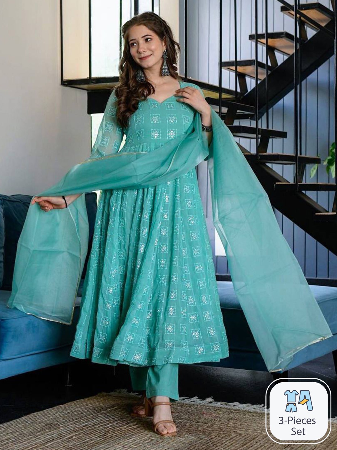

BLACK SCISSOR Embroidered Round Neck Gotta Patti Anarkali Kurta With Trousers & Dupatta, Blue