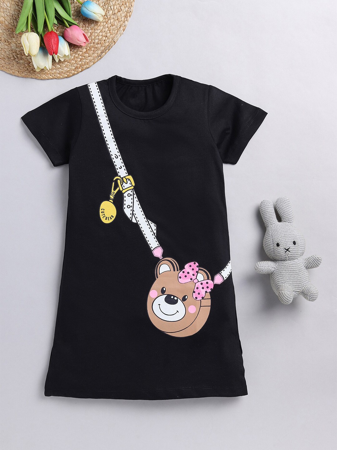 

YK Girls Graphic Printed Round Neck Cotton T-Shirt Dress, Black