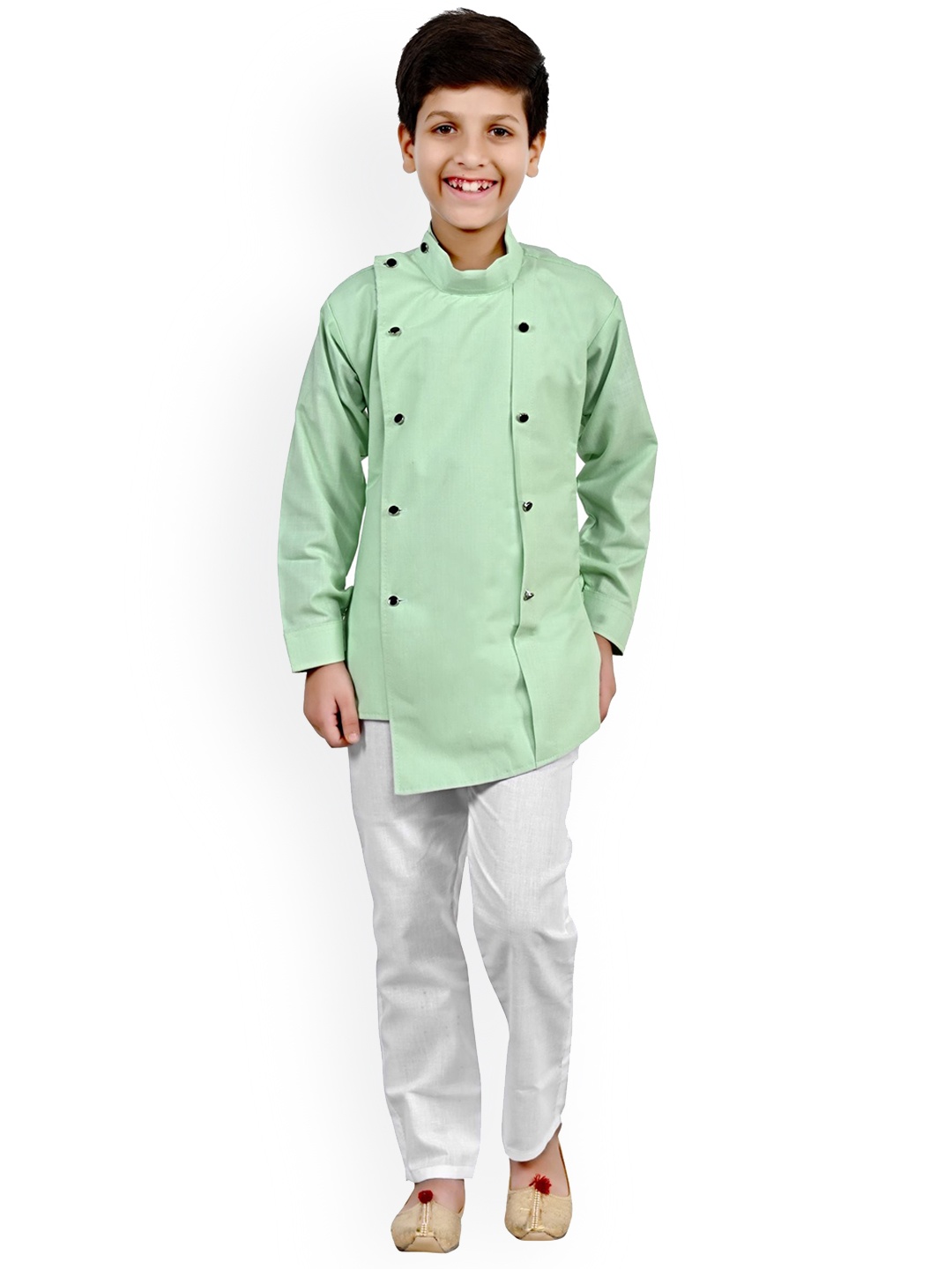 

BAESD Boys Band Collar Long Sleeve Angrakha Cotton Kurta Sets, Green