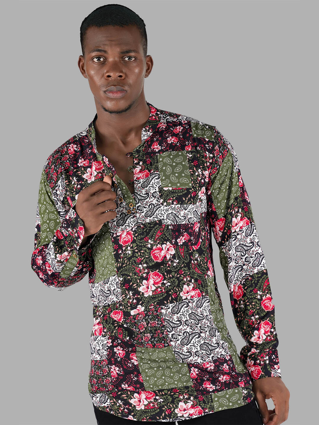

FRENCH CROWN Standard Ethnic Motifs Printed Twill Mandarin Collar Cotton Casual Shirt, Green