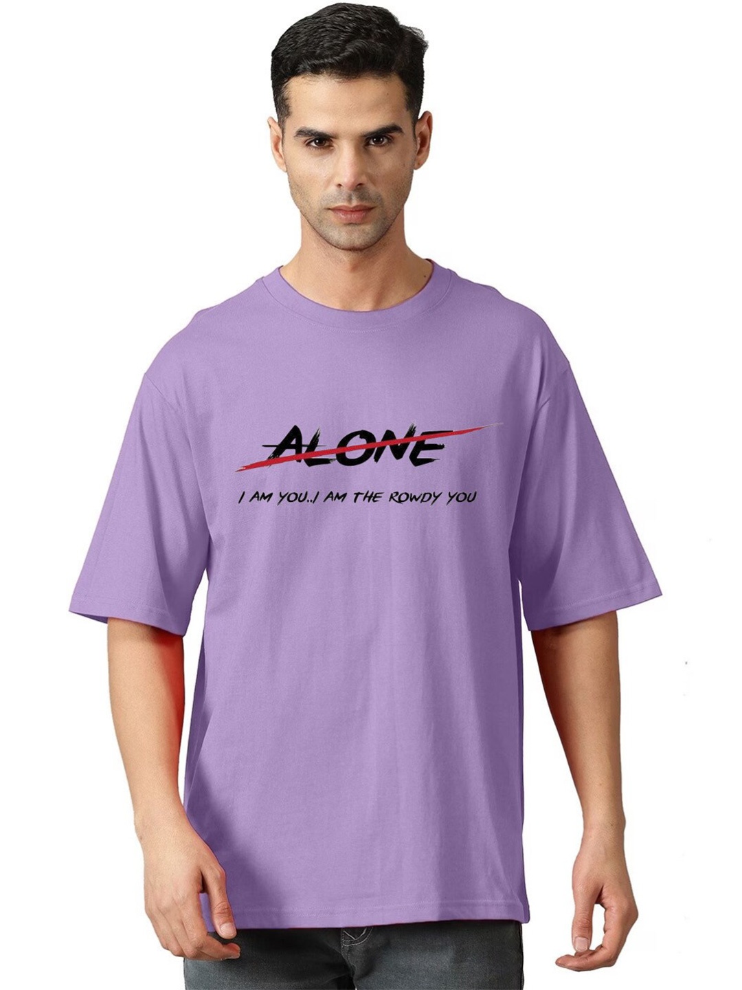 

Elibolz Typography Printed Drop-Shoulder Sleeves Oversized Cotton T-shirt, Lavender