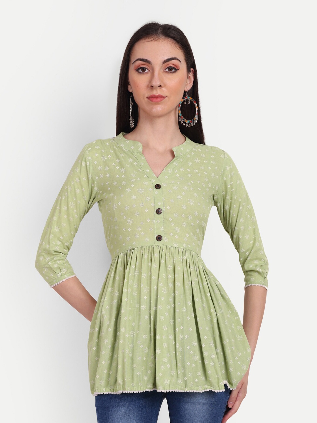 

HANUMNTRA Polka Dots Printed Mandarin Collar Peplum Top, Lime green