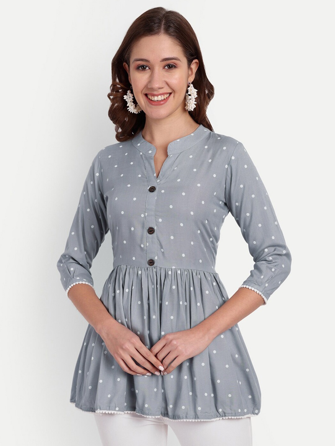 

HANUMNTRA Polka Dots Printed Mandarin Collar Peplum Top, Grey