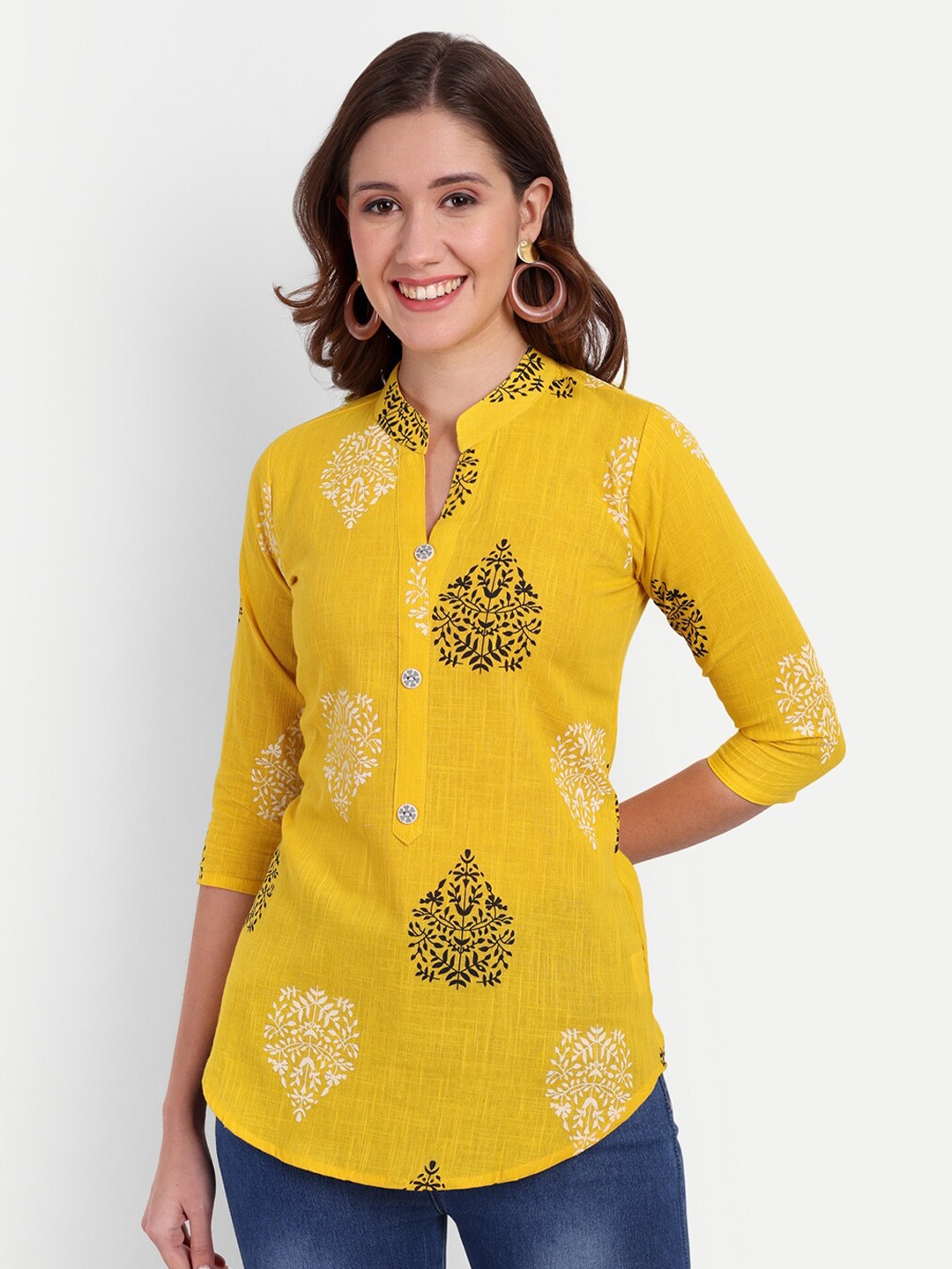 

HANUMNTRA Ethnic Motifs Printed Mandarin Collar Longline Top, Yellow