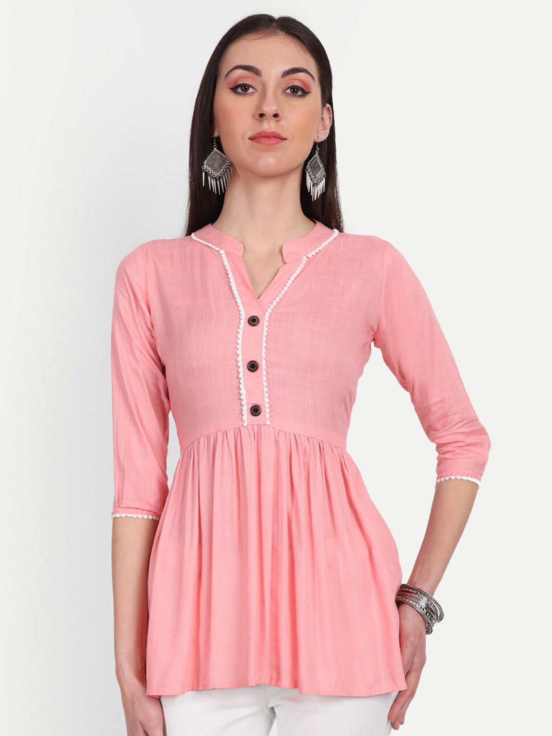 

HANUMNTRA Mandarin Collar Gathered Detailed Top, Pink