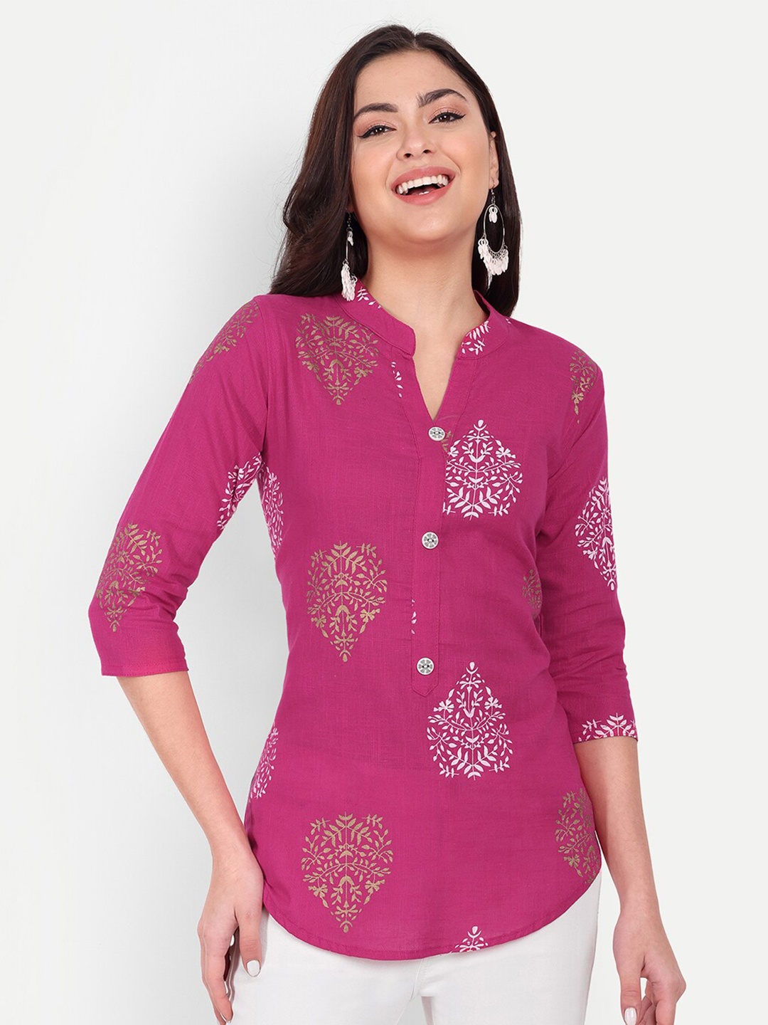 

HANUMNTRA Floral Printed Mandarin Collar Peplum Top, Pink