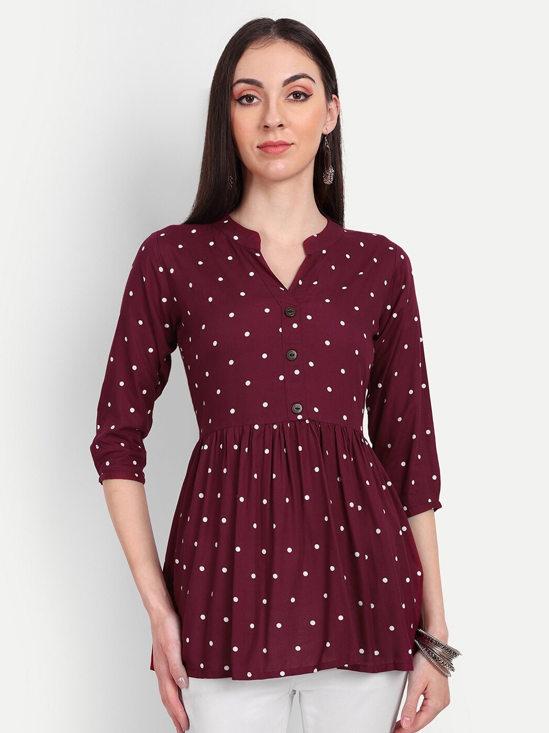 

HANUMNTRA Polka Dots Printed Mandarin Collar Peplum Top, Maroon