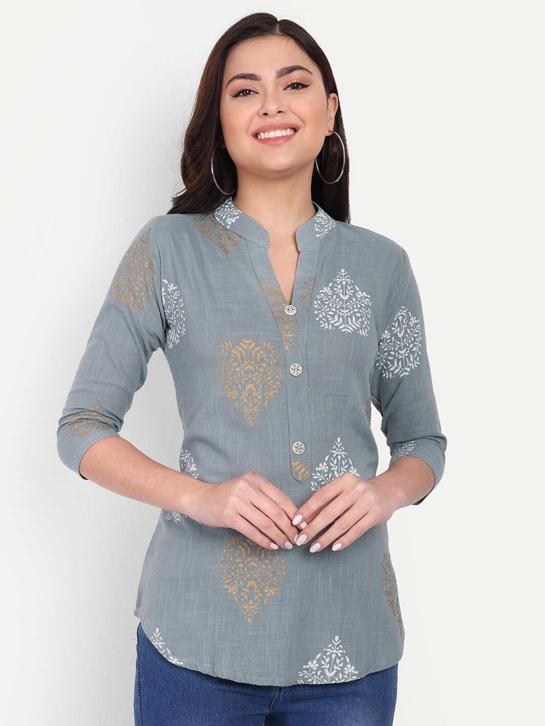 

HANUMNTRA Ethnic Motifs Printed Mandarin Collar Longline Top, Grey