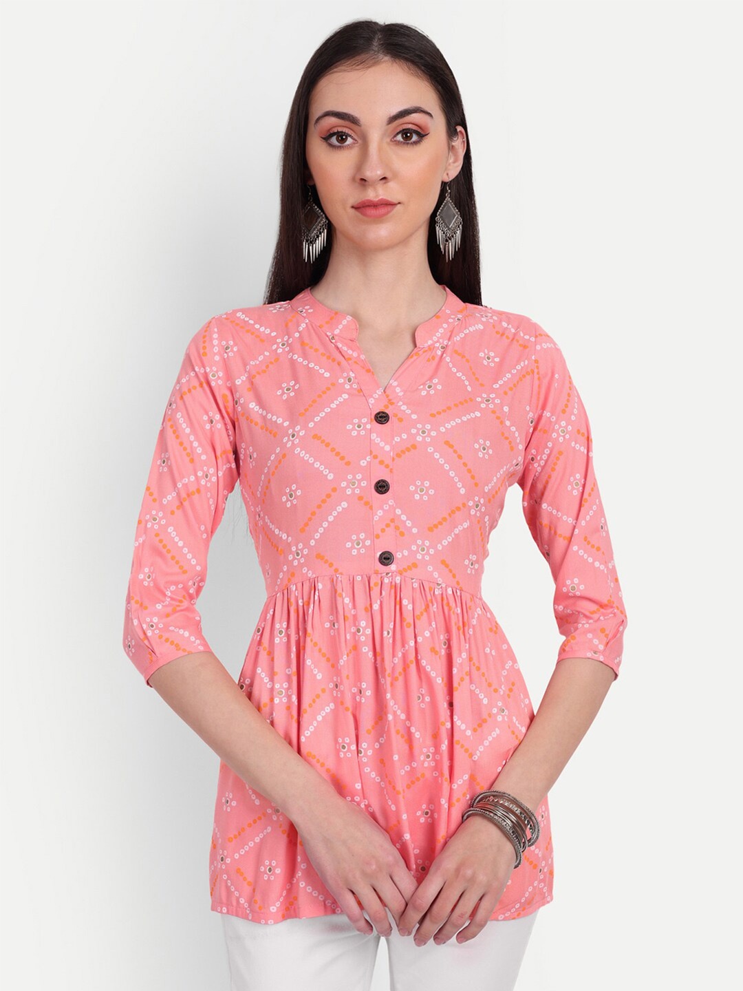 

HANUMNTRA Bandhani Printed Mandarin Collar Peplum Top, Peach