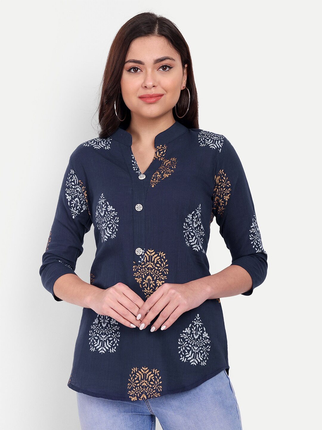 

HANUMNTRA Floral Printed Mandarin Collar Regular Top, Blue