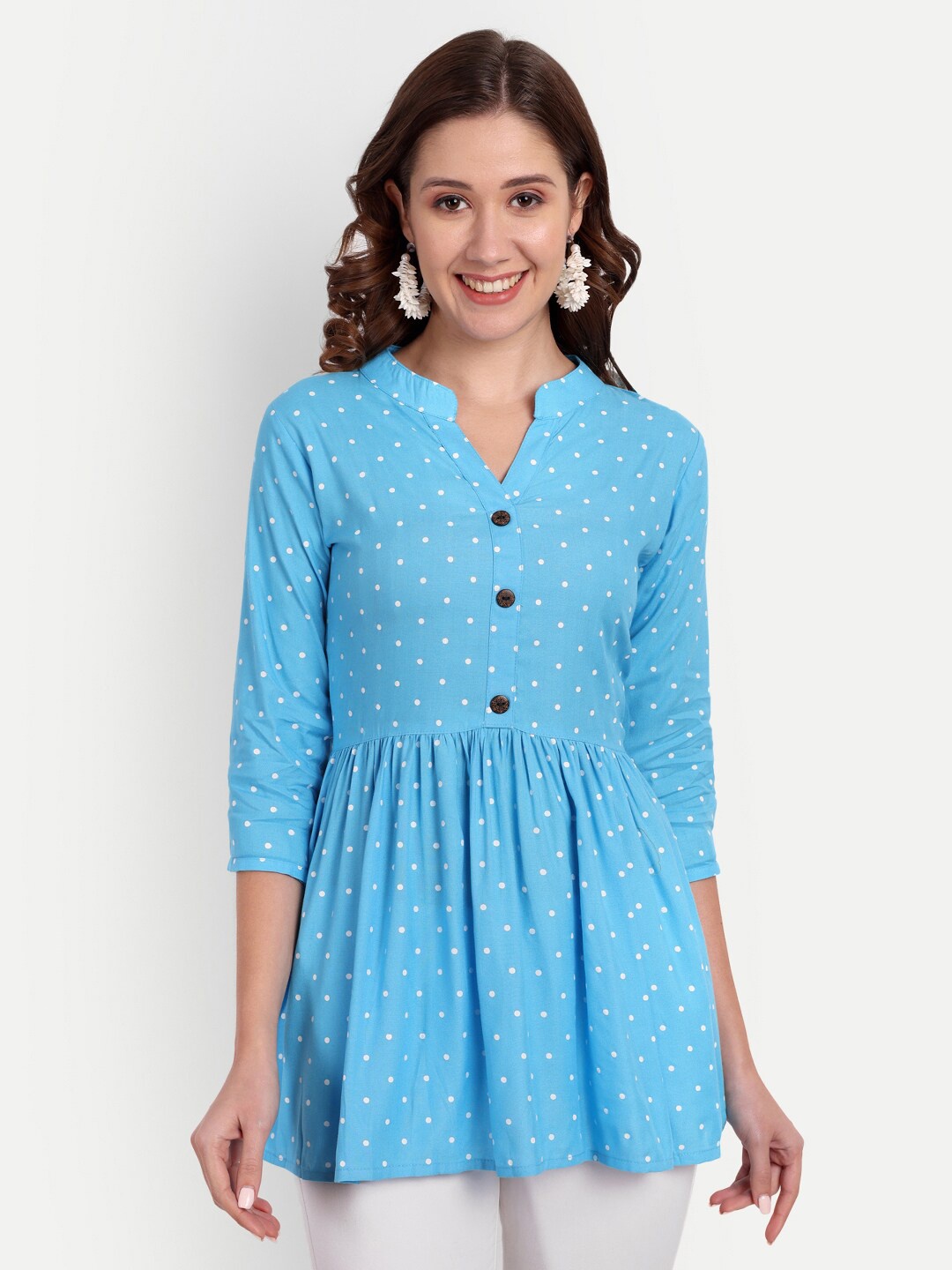 

HANUMNTRA Polka Dots Printed Mandarin Collar Peplum Top, Turquoise blue