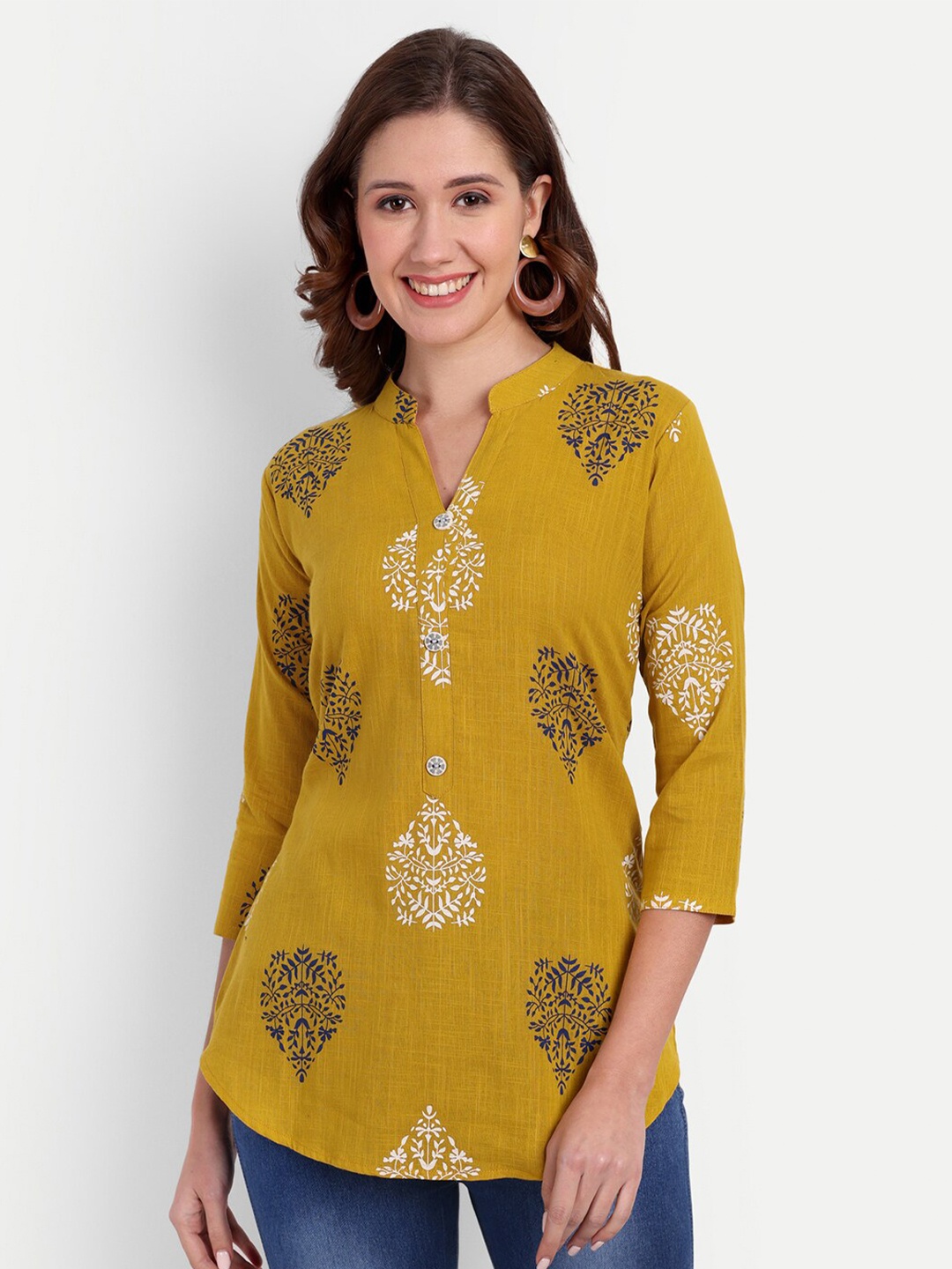 

HANUMNTRA Ethnic Motifs Printed Mandarin Collar Longline Top, Mustard