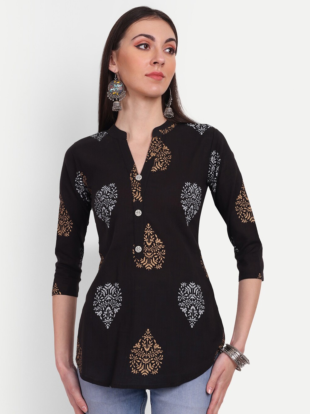 

HANUMNTRA Ethnic Motifs Printed Mandarin Collar Longline Top, Black