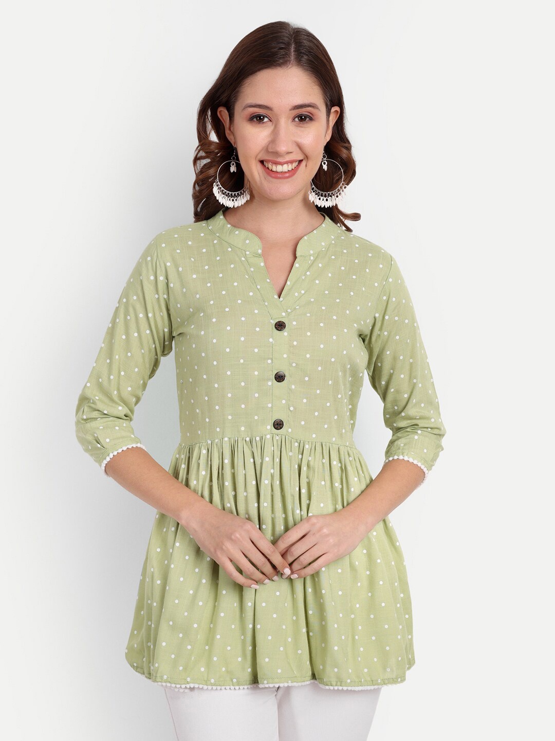 

HANUMNTRA Polka Dots Printed Mandarin Collar Peplum Top, Lime green