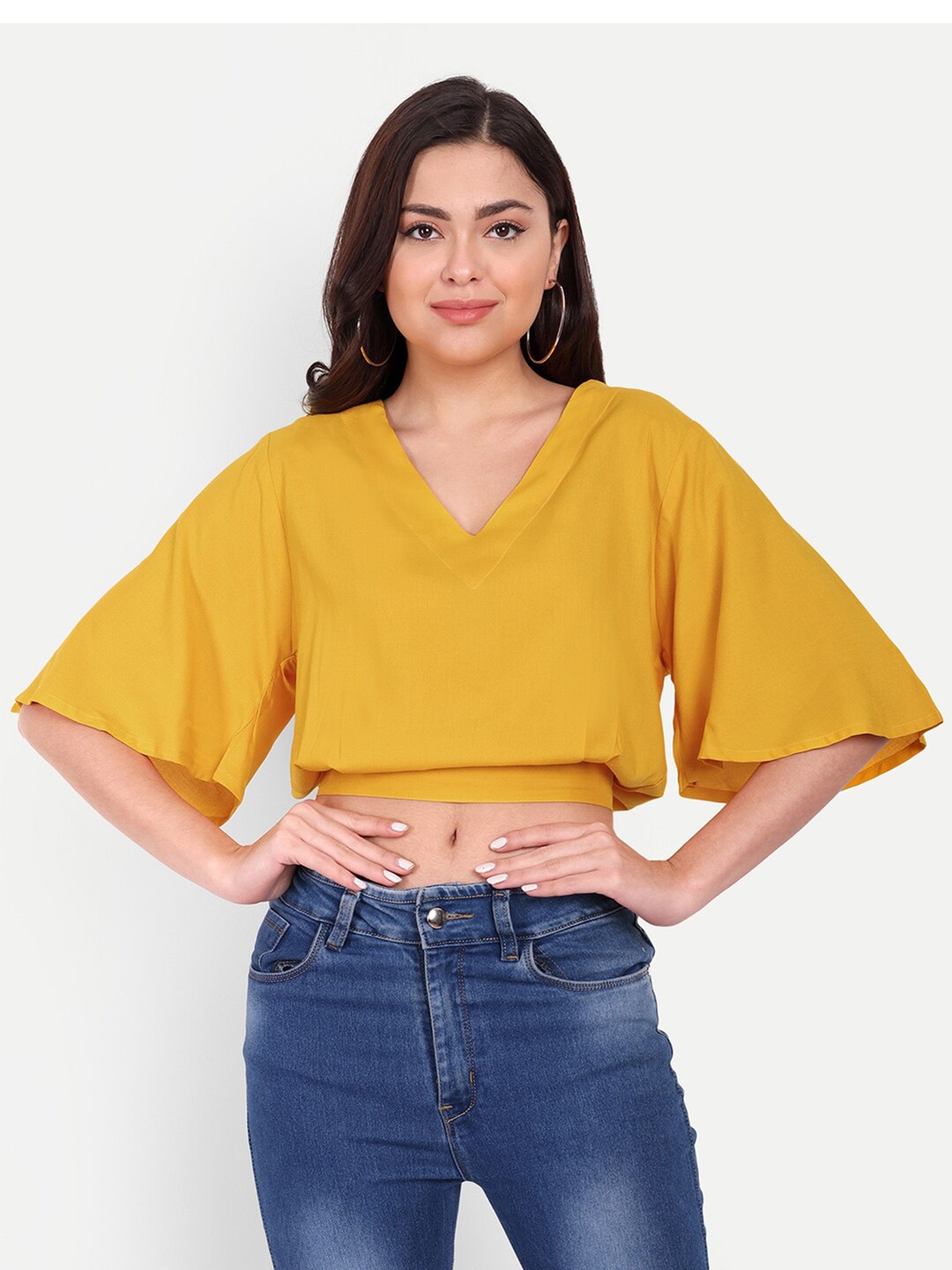 

HANUMNTRA V-Neck Flared Sleeves Crop Top, Mustard