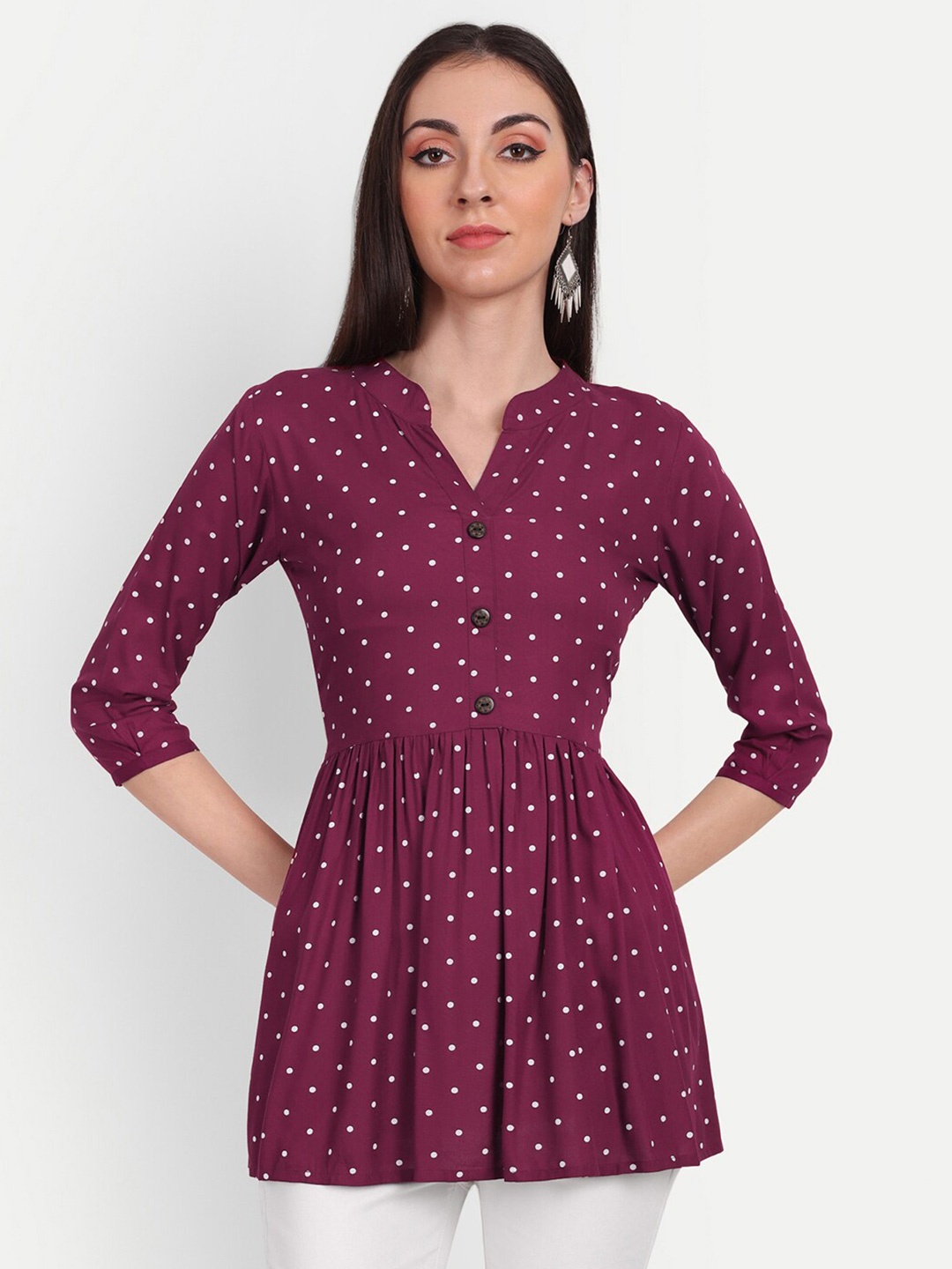 

HANUMNTRA Polka Dots Printed Mandarin Collar Peplum Top, Purple