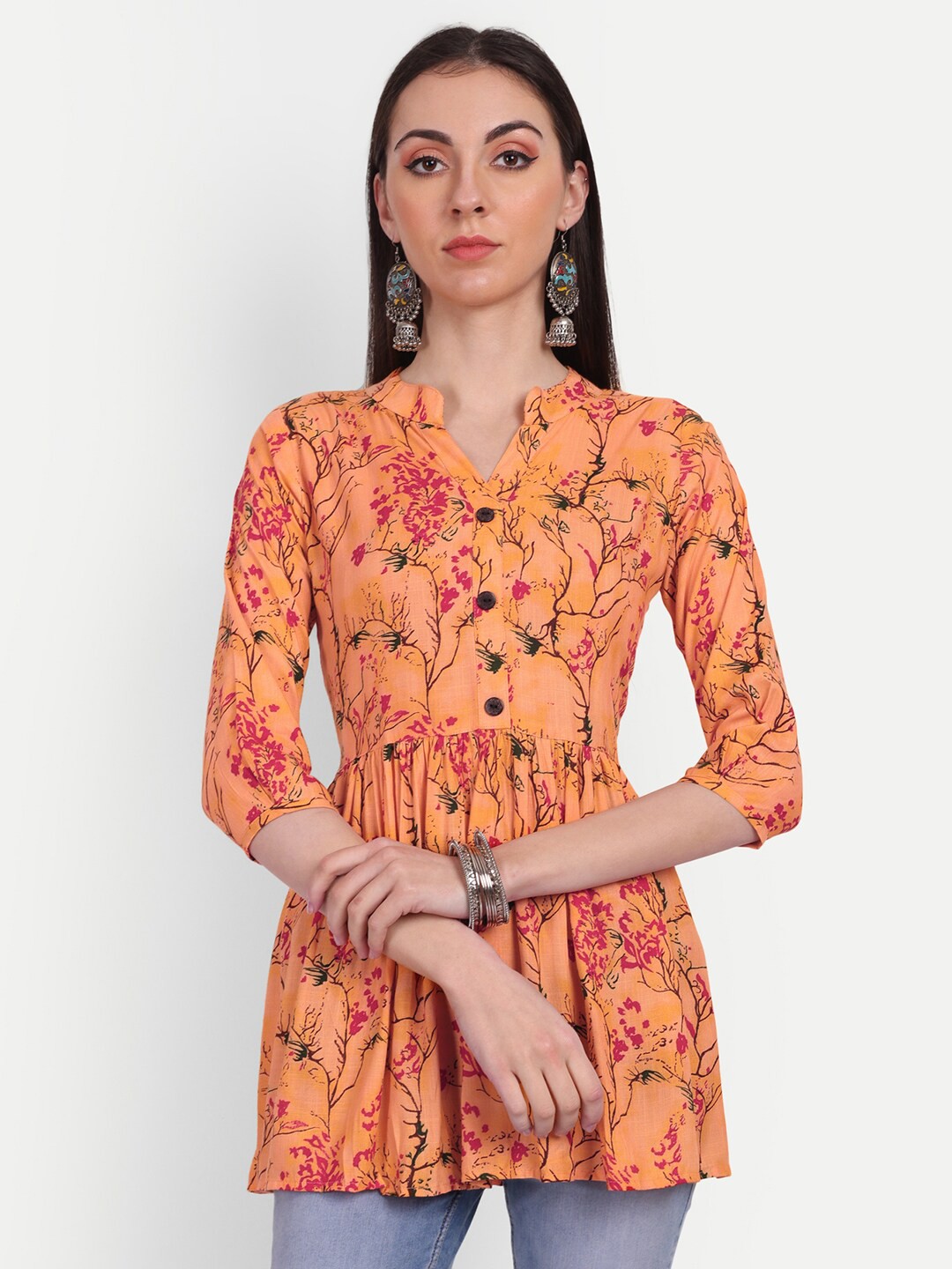 

HANUMNTRA Tropical Printed Mandarin Collar Gathered Detailed Longline A-Line Top, Orange