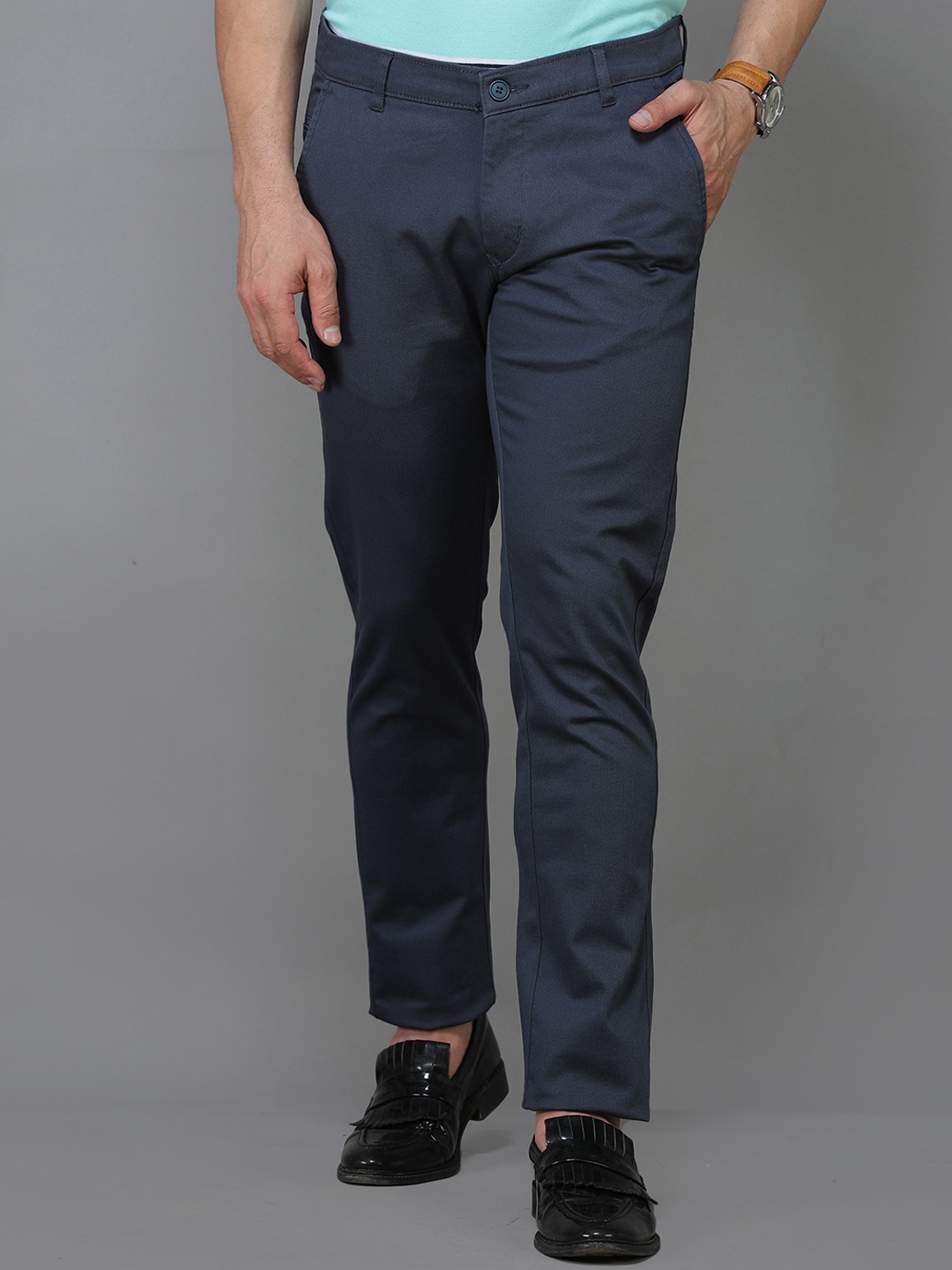 

TQS Men Smart Slim Fit Pure Cotton Trousers, Blue