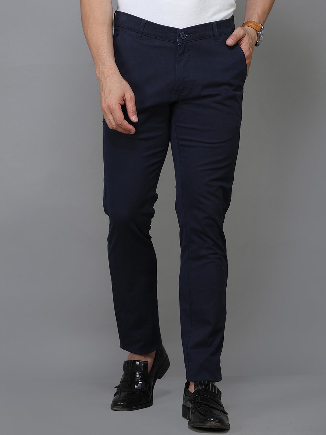 

TQS Men Comfort Mid-Rise Pure Cotton Trousers, Navy blue