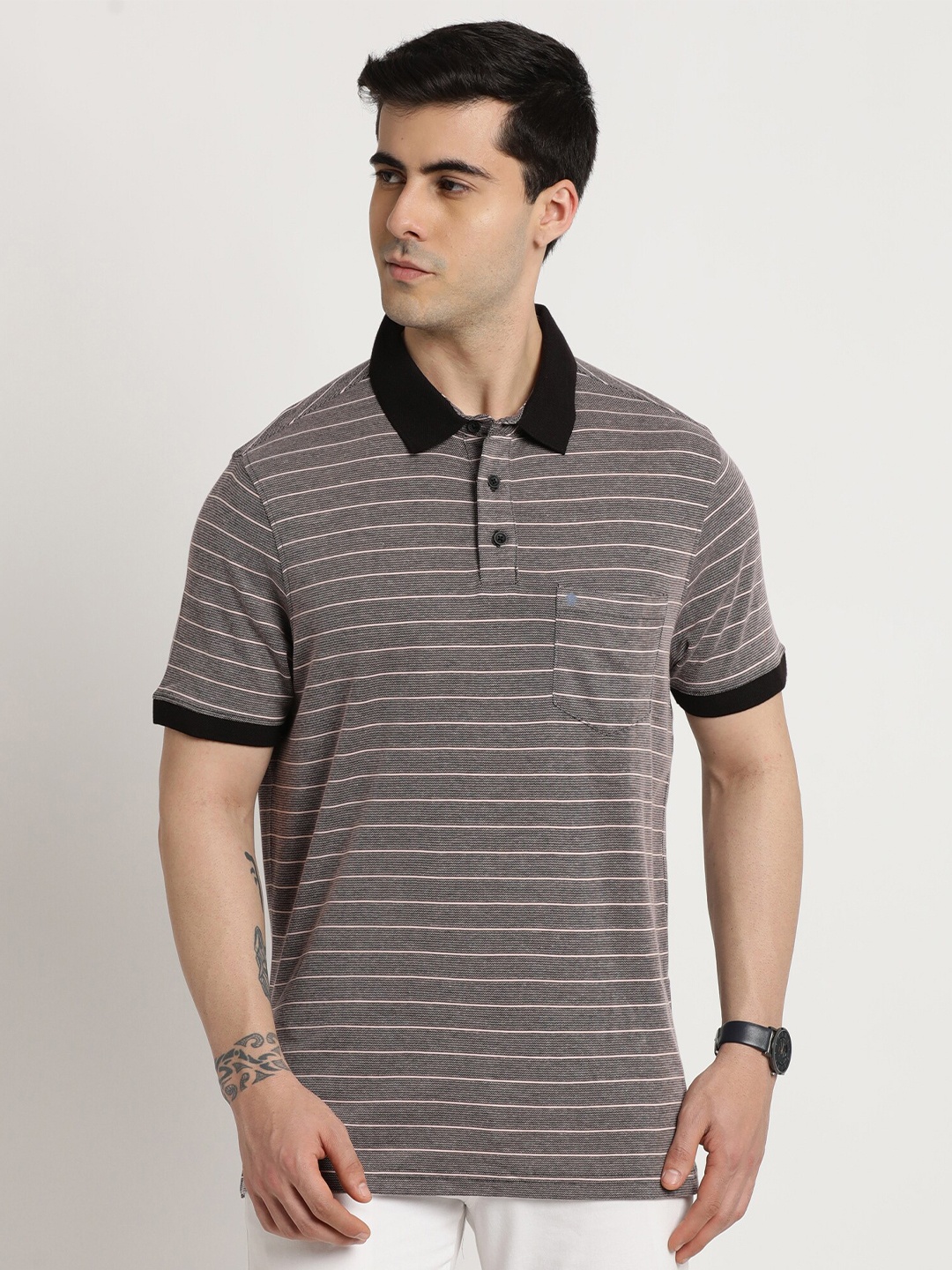 

Turtle Grey Striped Polo Collar Pockets Slim Fit T-shirt