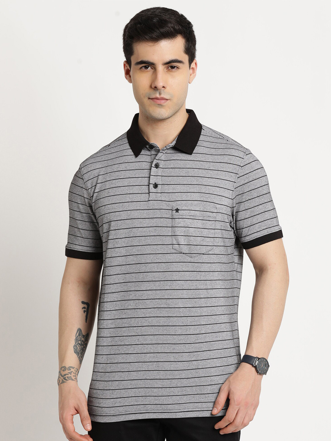 

Turtle Striped Polo Collar Slim Fit Cotton T-shirt, Grey