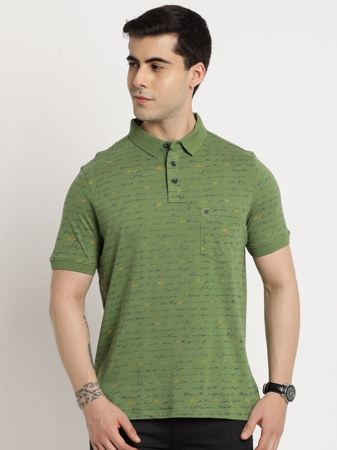 

Turtle Typography printed Polo Collar Pure Cotton Slim Fit T-shirt, Green