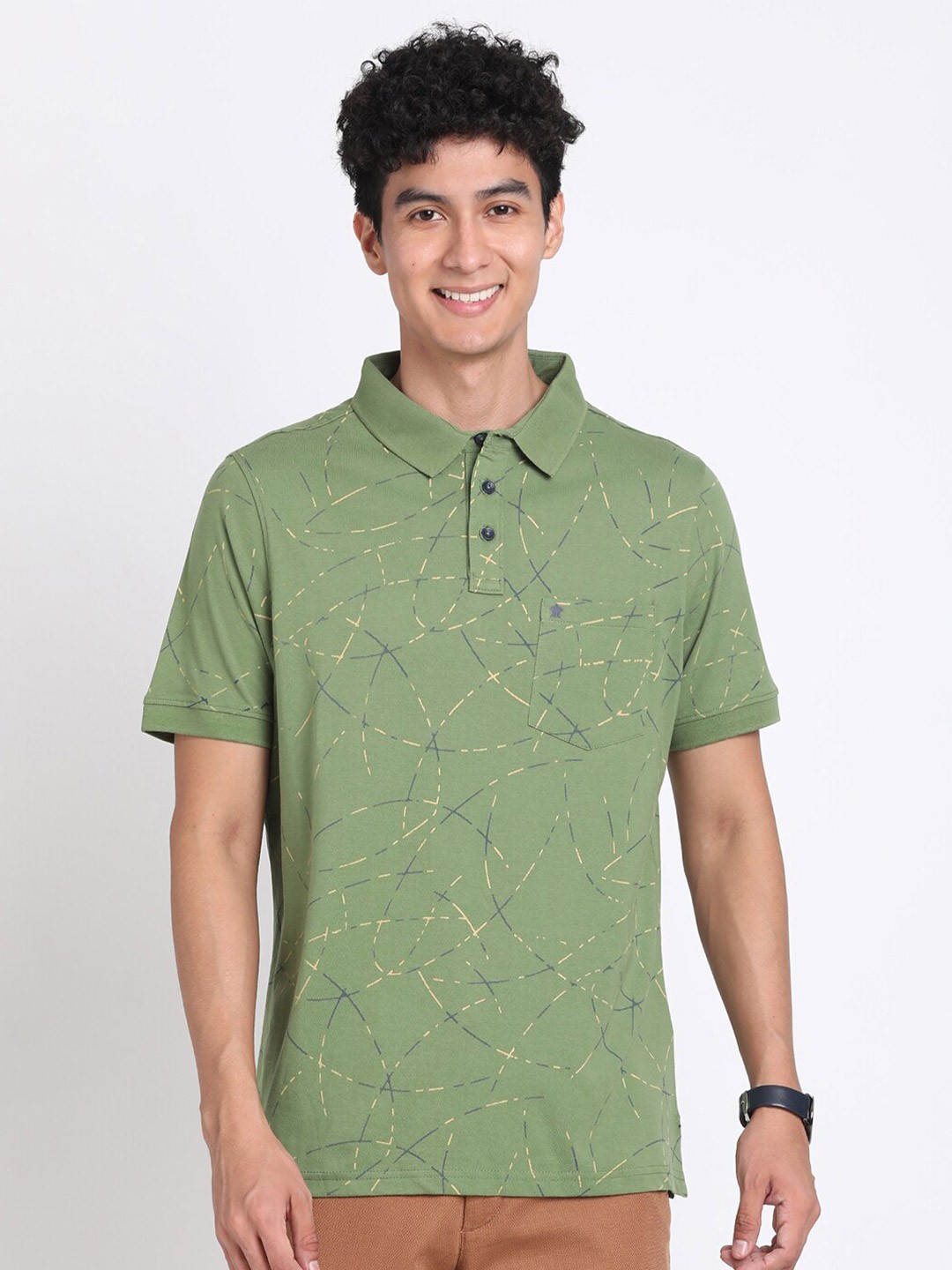 

Turtle Slim-Fit Abstract Printed Polo Collar Pockets Pure Cotton T-shirt, Green