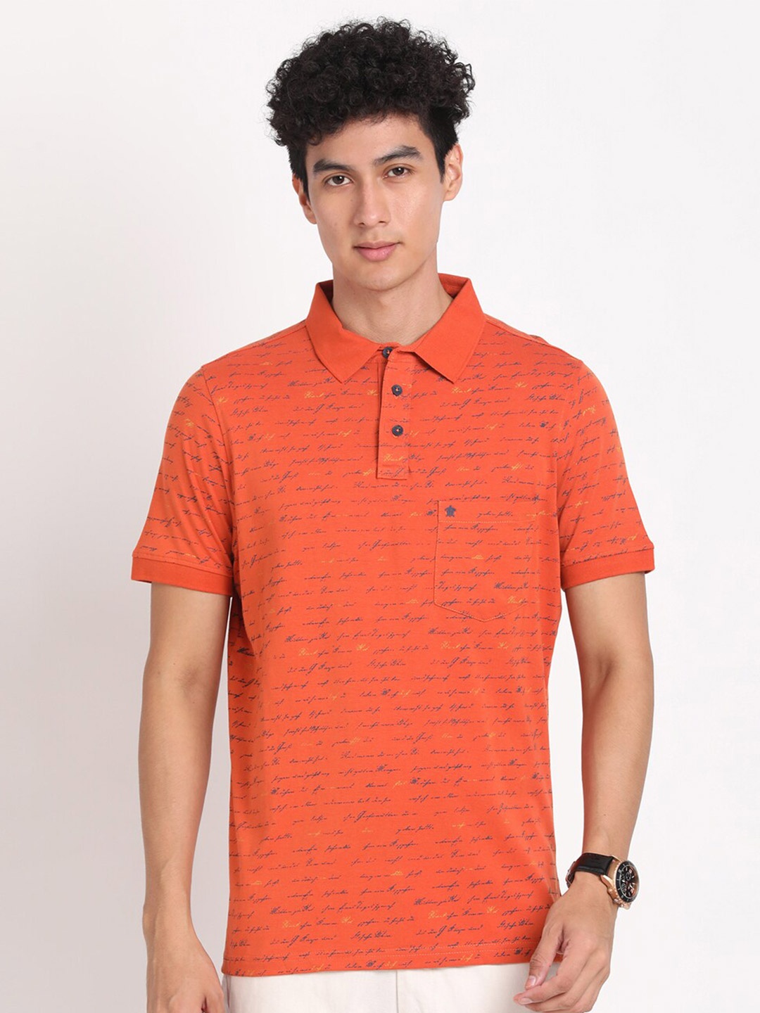 

Turtle Slim Fit Geometric Printed Polo Collar Pure Cotton T-shirt, Orange