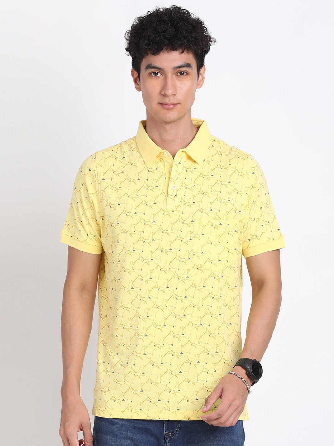 

Turtle Slim Fit Abstract Printed Polo Collar Pure Cotton T-shirt, Yellow