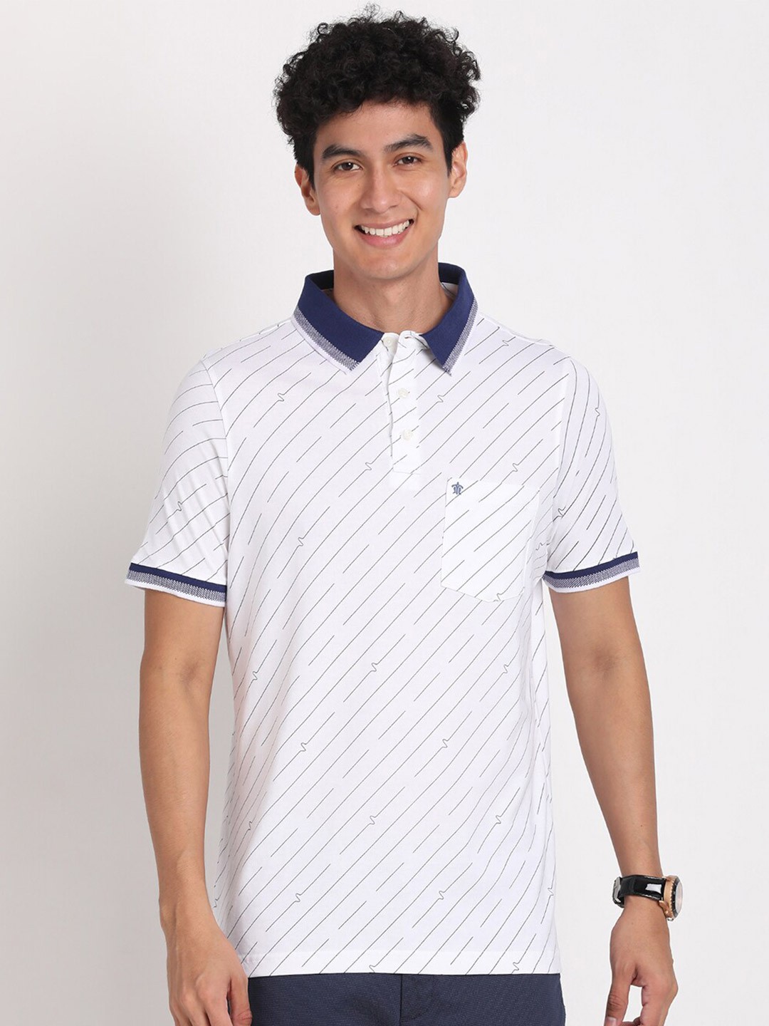 

Turtle Slim Fit Abstract Printed Polo Collar Pure Cotton T-shirt, White