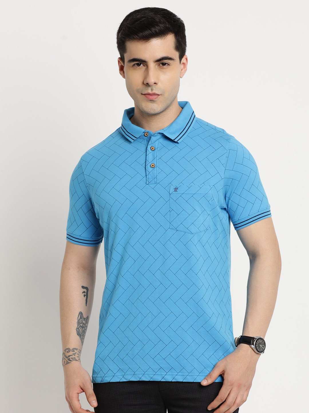 

Turtle Geometric Printed Polo Collar Pure Cotton Slim Fit T-shirt, Blue