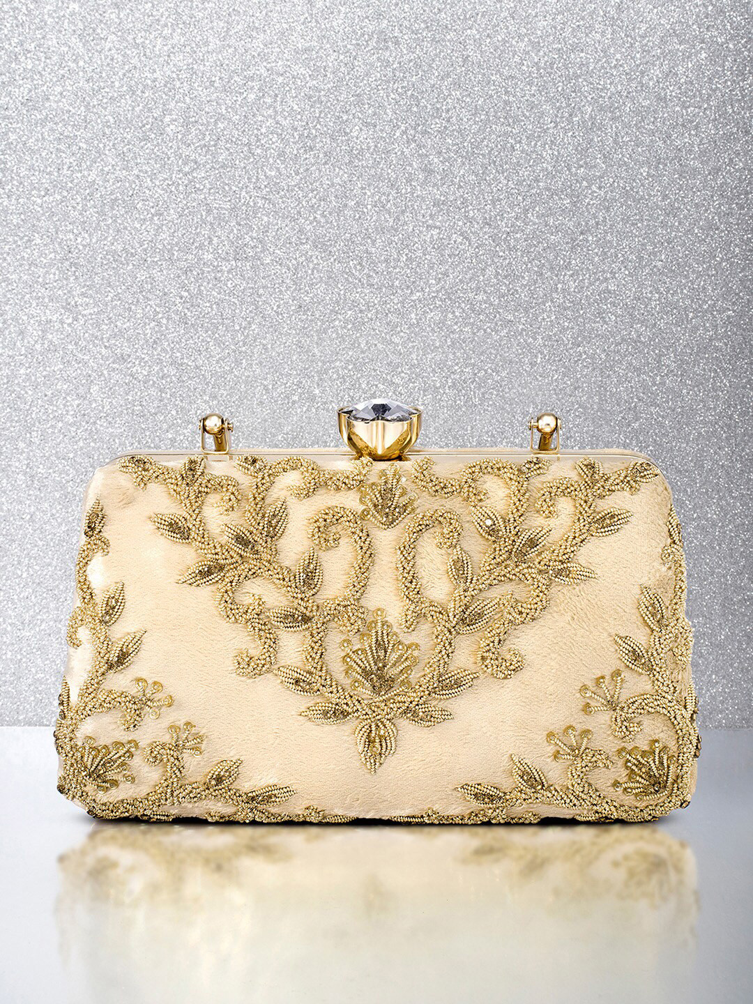 

Peora Embellished Box Clutch, Cream