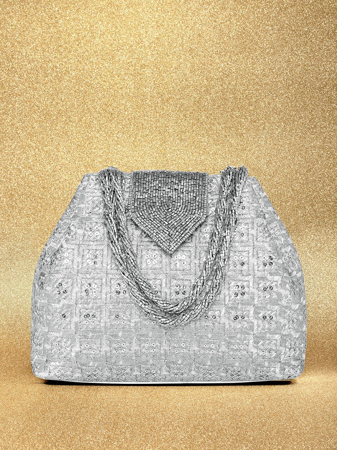 

Peora Embroidered Potli Clutch, Silver