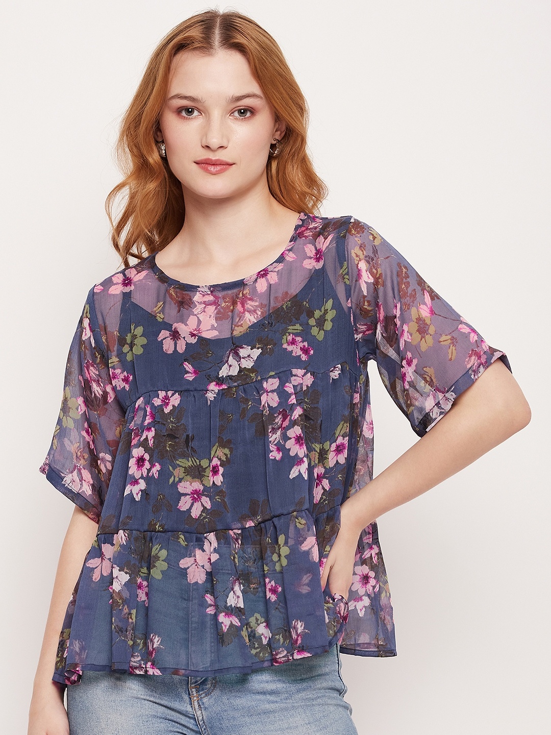 

Fashfun Floral Printed Chiffon Boxy Top, Blue