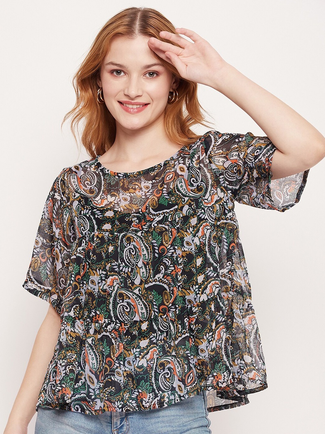 

Fashfun Ethnic Motifs Printed Semi Sheer Empire Top, Black